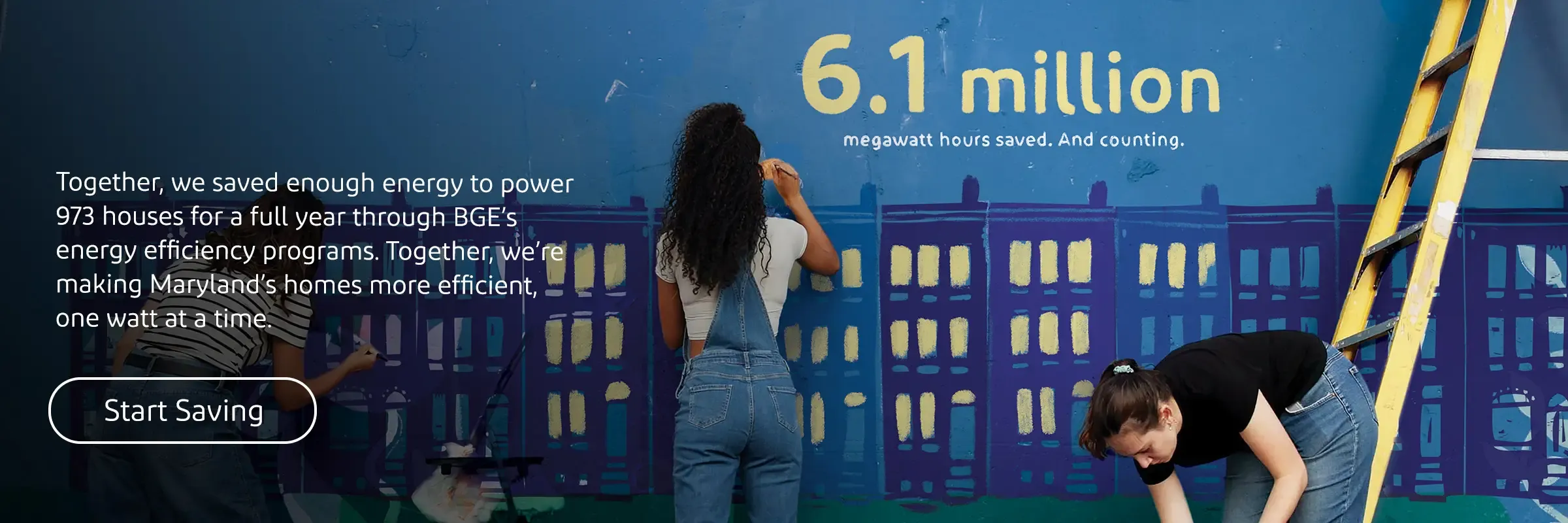 6.1 million megawatt hours saved. Together, we saved enough energy to power 973 houses for a full year through BGE’s energy efficiency programs. Together, we’re making Maryland’s homes more efficient, one watt at a time.