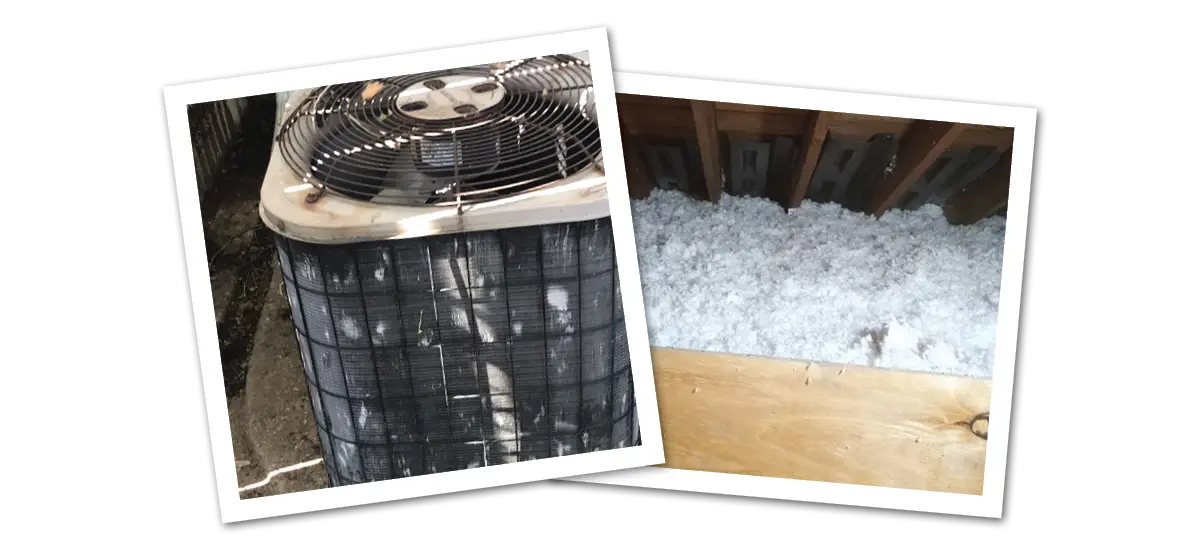images of damaged AC outdoor unit and blown in insulation